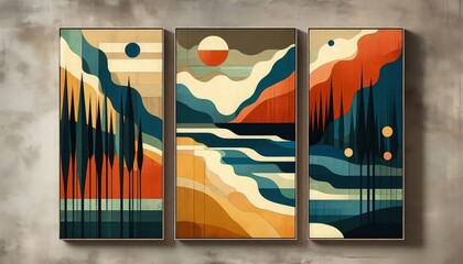 Triptych Art of Abstract representations of a forest, ocean, and desert, using bold colors and geometric shapes. Abstract Expressionism, Acrylic on canvas