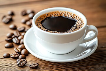 A steaming cup of coffee with rich foam, surrounded by coffee beans on a wooden table, perfect for morning rituals.