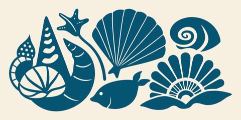 Linocut shell set, vector ocean beach scallop silhouette print, summer marine snail icon collection. Tropical seashore engraving illustration, mollusc conch woodcut. Linocut shell nautical clipart