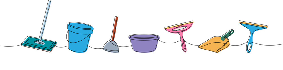 Cleaning tools one line colored continuous drawing. Floor mop, plunger, plastic basin, squeegee cleaning glass, scoop continuous one line illustration