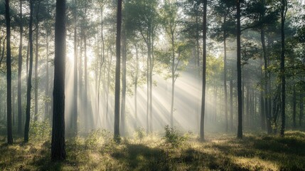 Fototapeta premium Panoramic view of a forest with sun rays filtering through the trees. Tranquil and serene scene with ample copy space