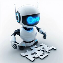 Fototapeta premium A 3D search engine robot piecing together a digital puzzle, symbolizing the assembly of search results