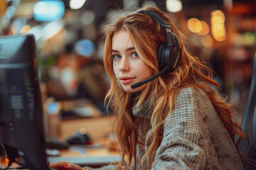 Beautiful girl works in a call center, sits at a table in front of a work computer, wears headphones and talks to a client