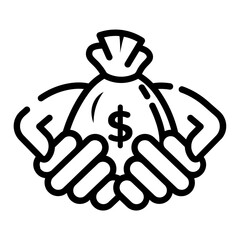 Line art money bag in hand icon logo vector illustration design, for business and finance symbol