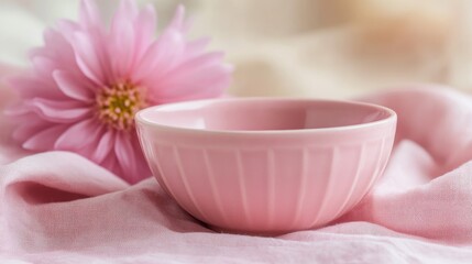 Pink bowl placed on a matching pink cloth, with a pink flower in the background, creating a harmonious and elegant setting.