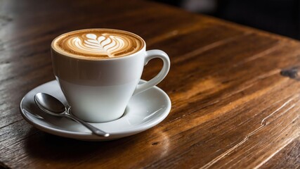 Obraz premium flat white coffee similar to a latte but with a highe served aesthetically in a wooden table