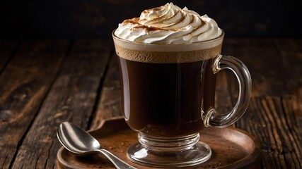 irish coffee hot coffee mixed with irish whiskey suga served aesthetically in a wooden table