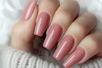 polished manicured nails in soft coral elegant color, female hand