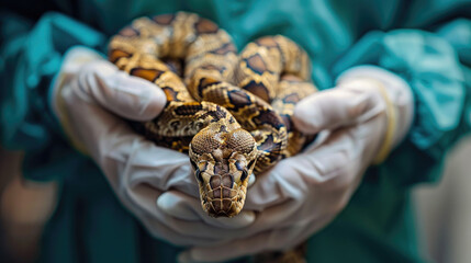 A snake is held in the hands of an animal doctor wearing blue scrubs and white gloves