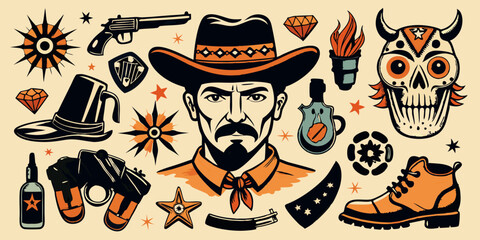 Wild West icon set, vector grunge Texas cowboy tattoo, boho hand drawn American engraving sticker. Vintage linocut western print kit, doodle cowgirl portrait, boots, gun, skull. Wild West collection
