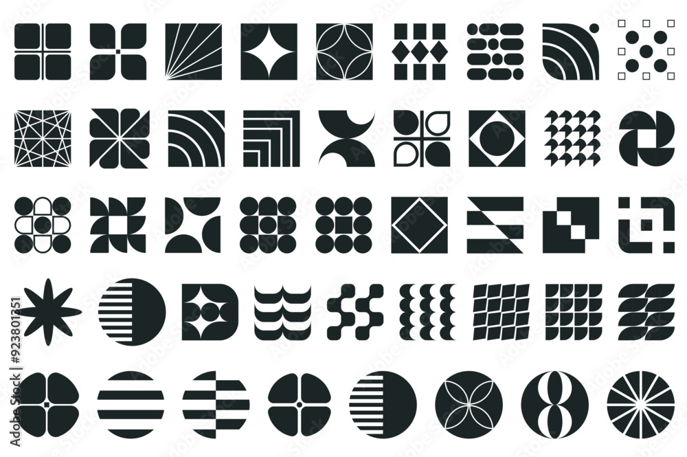 Poster Brutalist geometric shape mega set elements in flat graphic design. Bundle objects of black square or circle symbols with abstract patterns and decorative bauhaus style prints. Vector illustration.