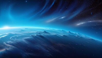 Fototapeta premium Grainy Galactic Horizon background - grainy gradient background that fades from intense indigo to bright cyan palette. Graphic art illustration. noise effect