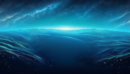 Fototapeta premium Grainy Galactic Horizon background - grainy gradient background that fades from intense indigo to bright cyan palette. Graphic art illustration. Noise texture effect design