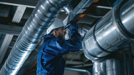 The worker inspecting HVAC ducts.