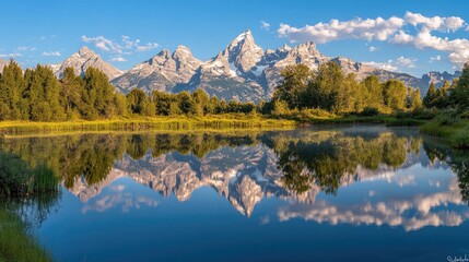 Fototapeta premium Serene landscape featuring the Grand Tetons and their reflection in a lake. Copy space at the top for text