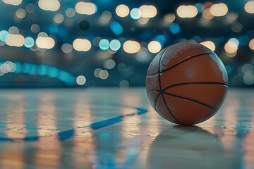 Closeup view of basketball, blurred basketball court background.