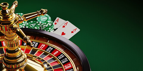 a casino banner with a jackpot-winning slot machine screen, a roulette wheel, and a hand of poker cards against a deep green background
