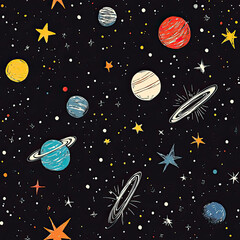 This captivating illustration showcases the vast beauty of outer space, featuring a dynamic array of planets, stars, and cosmic elements floating in the night sky. The artwork brings to life a mesmeri