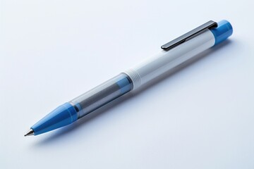 Photo of A blue and white the utilizable pen on a plain background, front view.