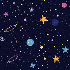 Naklejka premium This captivating illustration showcases the vast beauty of outer space, featuring a dynamic array of planets, stars, and cosmic elements floating in the night sky. The artwork brings to life a mesmeri