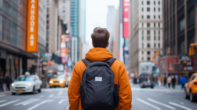 A man wearing an orange hoodie and a black backpack is seen from behind as he navigates through a busy city street.
