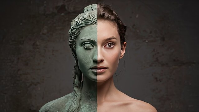 Ancient human woman statue partially turning into real human
