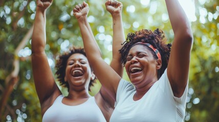 person celebrating weight loss with a supportive friend, joyful moment, healthy lifestyle