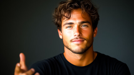 Obraz premium A man with a black shirt that says he's a good looking guy, portrait of a person, portrait of a man