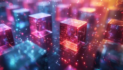 Abstract Digital Cubes in a Neon-Lit Setting