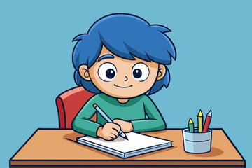 A child writes intently in their notebook on a desk art vector