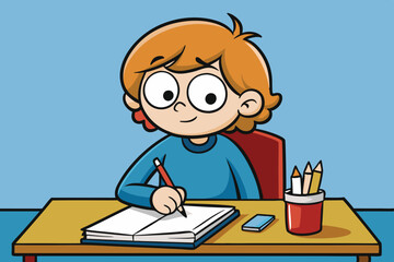 A child writes intently in their notebook on a desk art vector