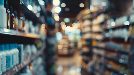 Pharmacy store drugs shelves, pharmacy business store defocus Background.