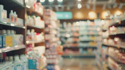 Fototapeta premium Pharmacy store drugs shelves, pharmacy business store defocus Background.