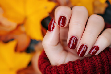 Naklejka premium polished manicured nails in dark bunbury elegant color, female hand