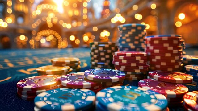 Casino poker chips with bokeh lights creating a glamorous atmosphere