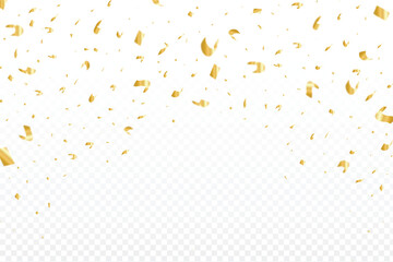 Golden confetti and party elements falling background design for festival or party celebration. Colorful gold foil paper and tinsel vector on a transparent background. Birthday celebration confetti.