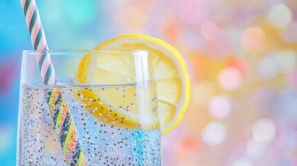 Refreshing Lemon Sparkling Water with Colorful Background
