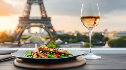 Romantic Parisian dinner with Eiffel Tower view, grilled fish, salad, and white wine.