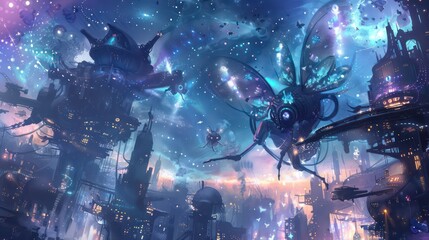 Cyberpunk Cityscape with Flying Butterfly Machines