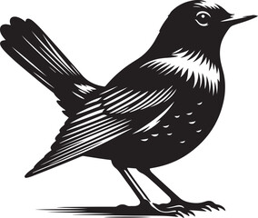 An American robin bird silhouette captures its plump body, upright stance, and iconic tail, emphasizing its graceful, perched form.