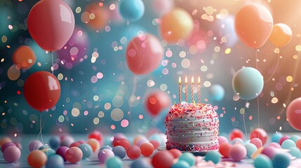 Colorful balloons background, Happy birthday party balloons grafic resource, festive celebrating, bithday cake with candle