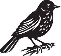 An American robin bird silhouette captures its plump body, upright stance, and iconic tail, emphasizing its graceful, perched form.