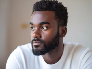 Obraz premium Contemplative Young Man with Short Hair, Looking Deeply into the Distance