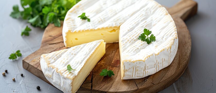 Round brie cheese on wooden board with parsley