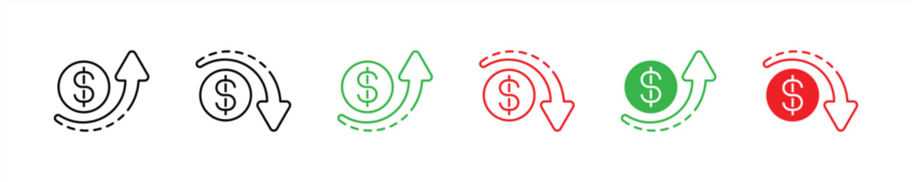 set of money increase icon set. arrow with dollar icon. dollar increase and decrease symbol icon. vector illustration
