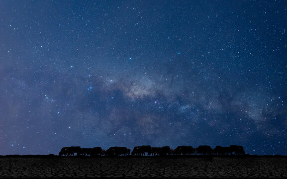 Panorama blue night sky milky way and star on dark background.Universe filled with stars, nebula and galaxy with noise and grain.Photo by long exposure