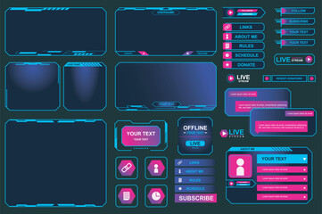 Game stream frames mega set elements in flat graphic design. Bundle objects of neon colors streaming interface elements, bars and buttons, player menu, user panel templates. Vector illustration.