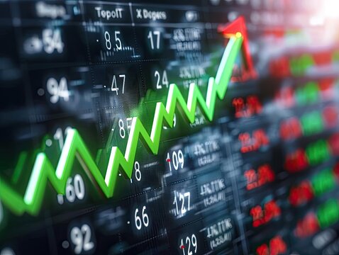 A stock market graph showing an increase with a green upward arrow, contrasted with a decrease indicated by a red downward arrow