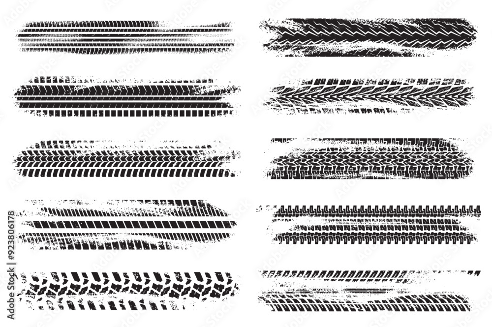 Leinwandbilder grunge tire tracks mega set elements in flat graphic design. bundle objects of abstract black wheels