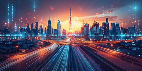 Obraz premium Modern Cityscape with Digital Overlay
